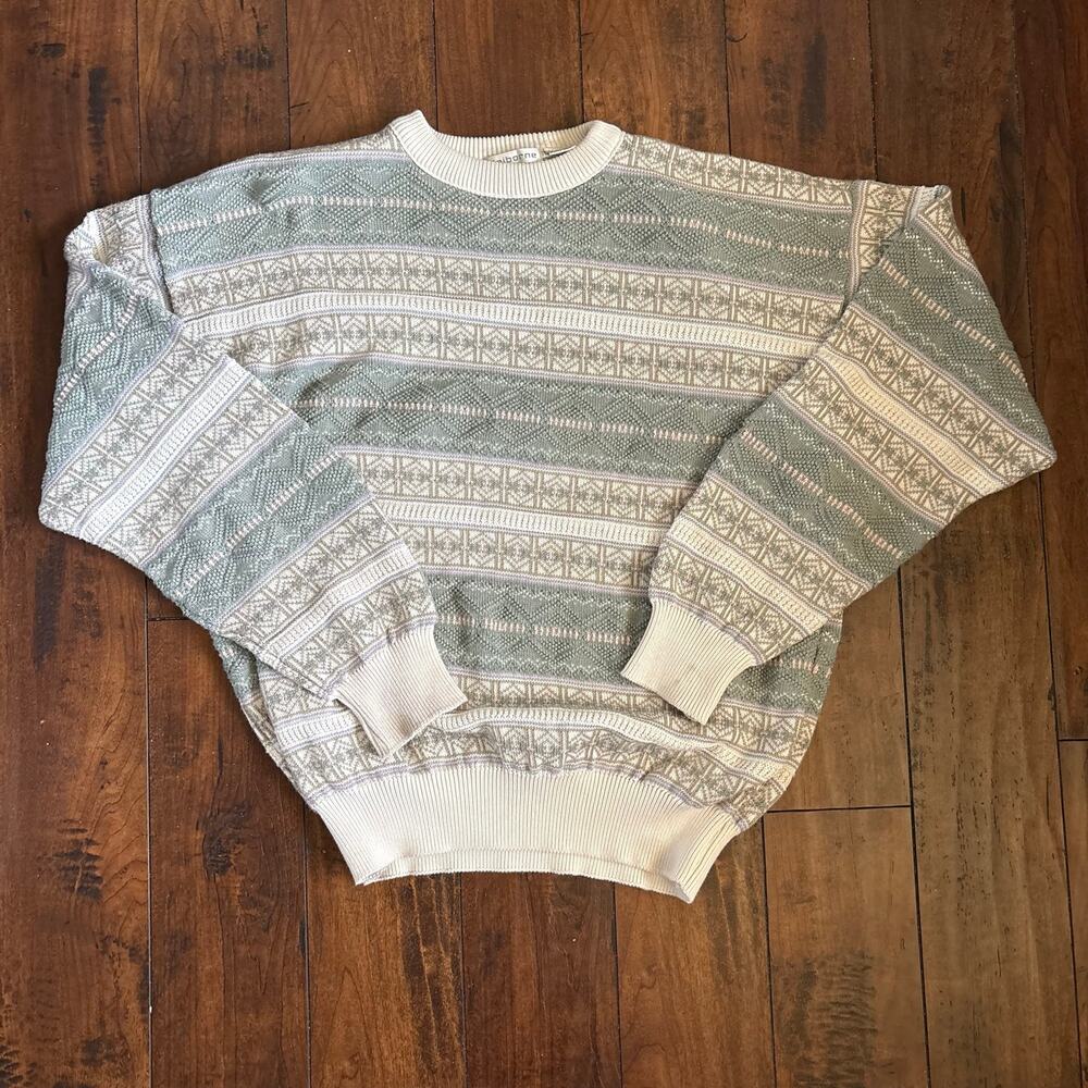 Vintage 90s Liz Claiborne Knit Sweater Mens L White Stripes Geometric Grandpa